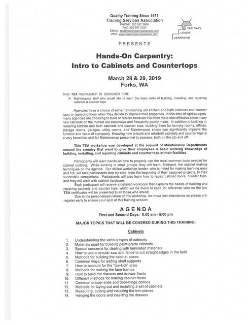 Hands-On Carpentry: Intro to Cabinets and Countertops @ Beaver Sheriff Station | Forks | Washington | United States